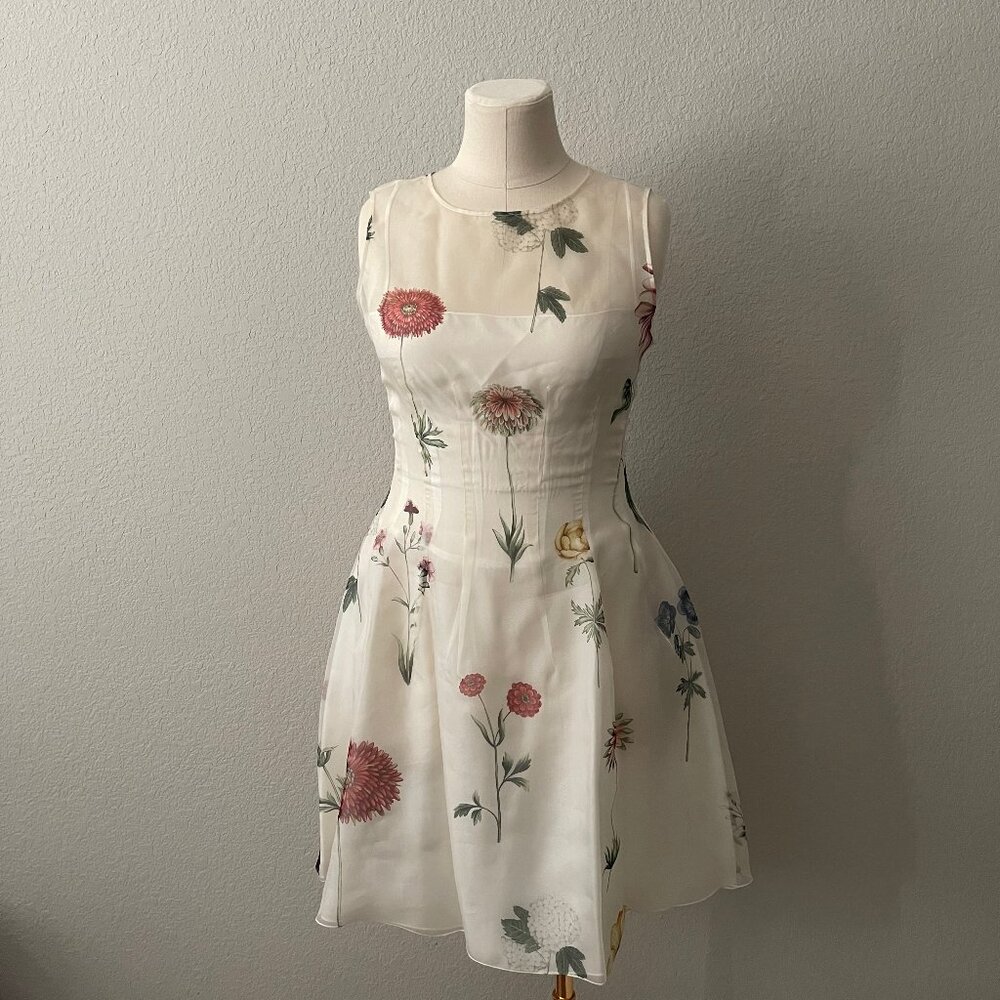 Oscar De La Renta Botanical Organza Silk A-Line Dress - US 12